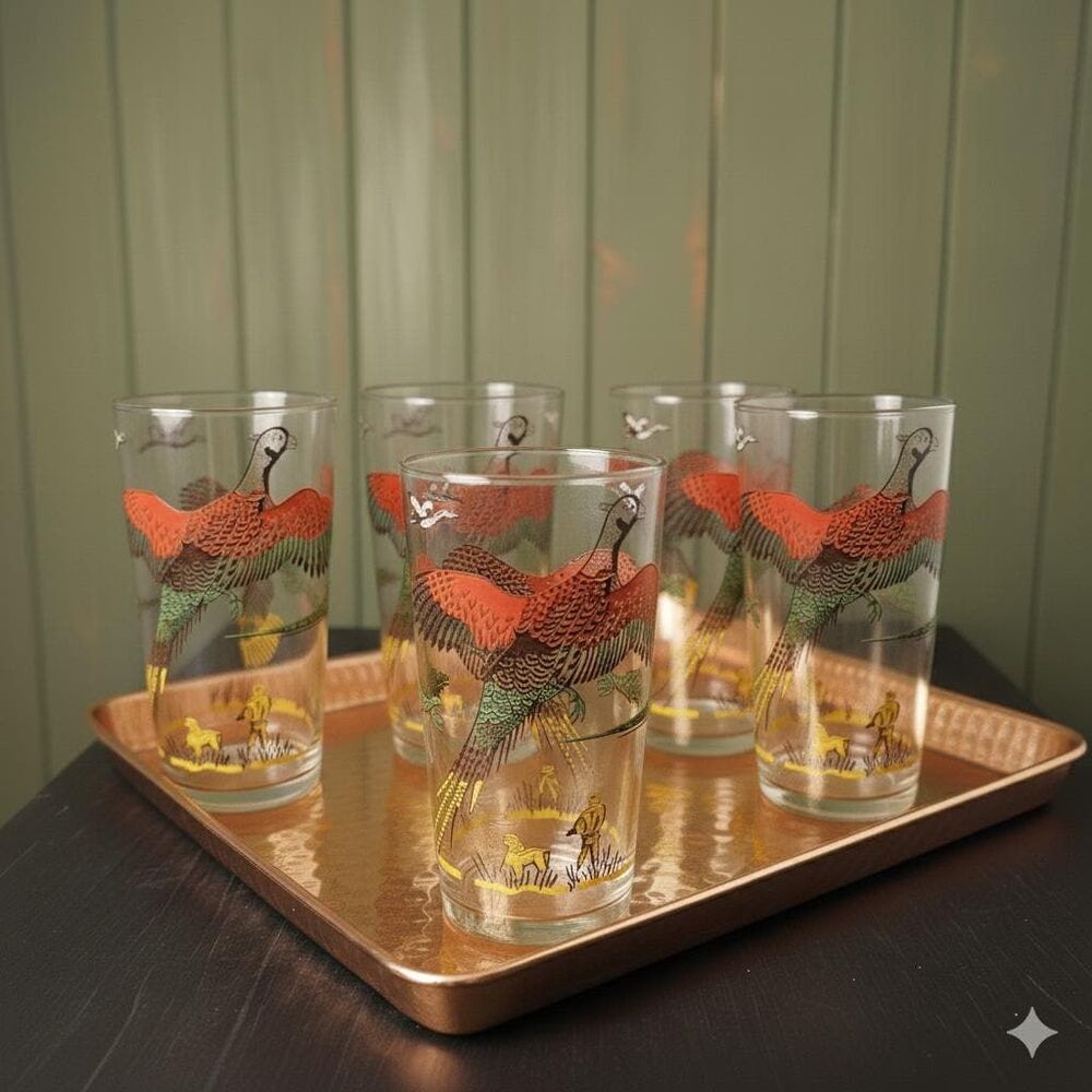 Vintage Hazel Atlas Pheasant Glasses | Mid Century Enamel Barware, Set of 6